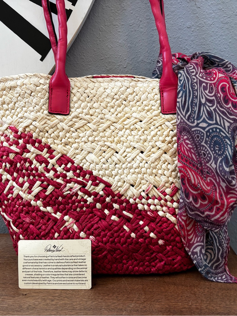 Patricia Nash Cream and Pink Woven Straw Tote with Hot Pink Handles